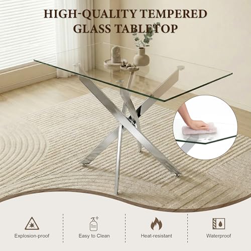 Image of 5 Piece Glass Dining Table Set for 4, Modern Tempered Glass Top Kitchen Table and Chairs Set, 4 Upholstered Chairs, Space-Saving Small Apartment Dining Set, Silver & White