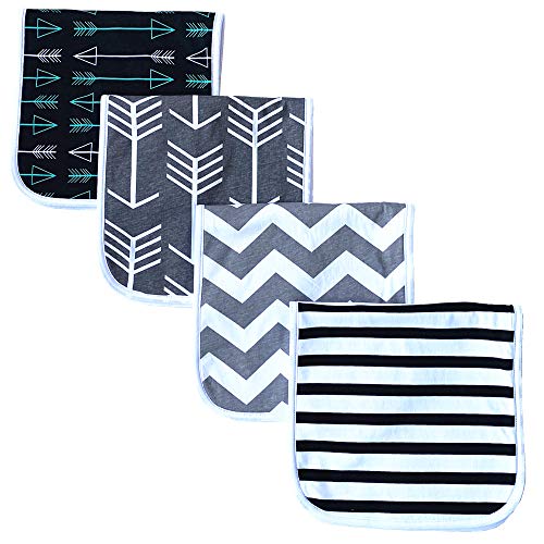 Burp Cloths for Babies, Grey Wave Black Stripes Arrows Set, 20” by 10”, 3 Layers, Cotton and Absorbent Fleece, 4 Pack