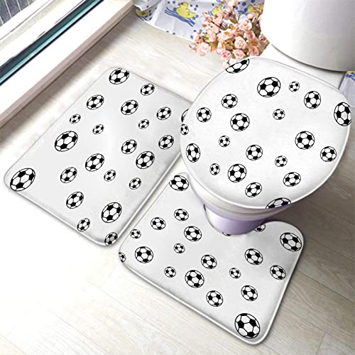 3-teiliges Badezimmerteppich-Set, Fußbälle in verschiedenen Größen mit weißem Hintergrund, waschbare Badteppiche, rutschfest, mit Stützpolster, Konturteppich und Toilettendeckelbezug