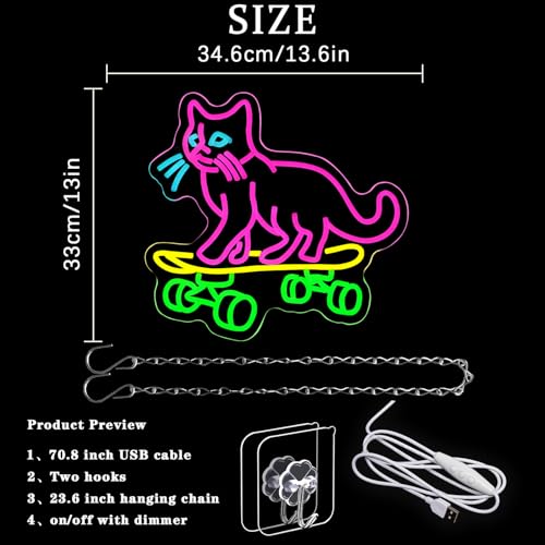 Image of Cat Skateboard Neon Sign for Wall Decor Cat Neon Light Skateboard LED Neon Signs Colorful Led Neon Lights for Bedroom Pet Shop Skatepark Decoration