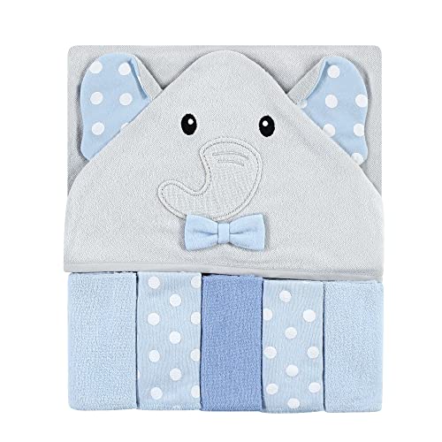 Image of Hudson Baby Unisex Baby Hooded Towel and Five Washcloths, White Dots Gray Elephant, One Size