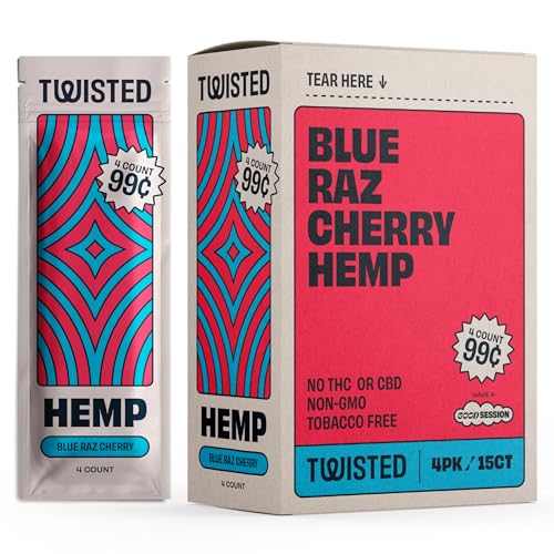 Twisted Hemp Wraps Natural Herbal Rolling Papers 4 Wraps Per Sleeve Pack of 15 (Blue Raspberry Cherry)