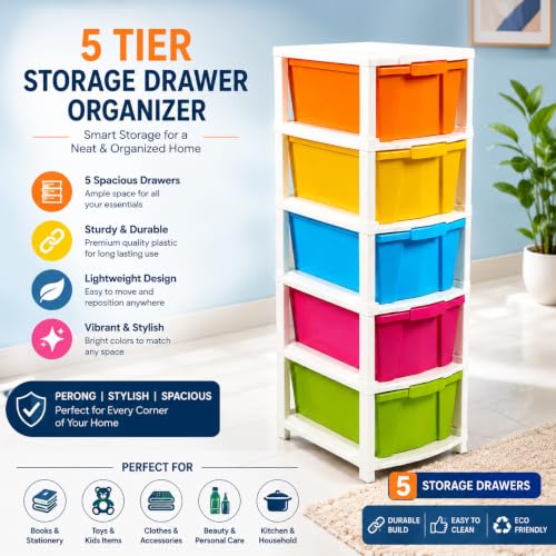 Image of 5XL Extra Large Plastic Drawer Organizer - Modular Storage Cabinet for Kitchen, Bathroom & Home (Space-Saving Design, 27x32x85 cm, Multicolour)