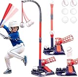 3-in-1 Kids Baseball Set for Ages 3-5/5-8, Batting Tee, Stand Tee, Pitching Machine with 6 Plastic Softballs & Bat, Adjustable Height, Indoor/Outdoor Backyard Sport Games Gifts for Boys & Girls
