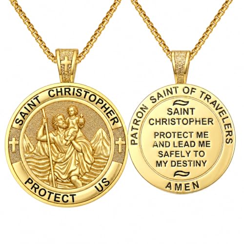St Christopher Necklace Mens 14k Gold Plated Medalla San Cristobal Round
