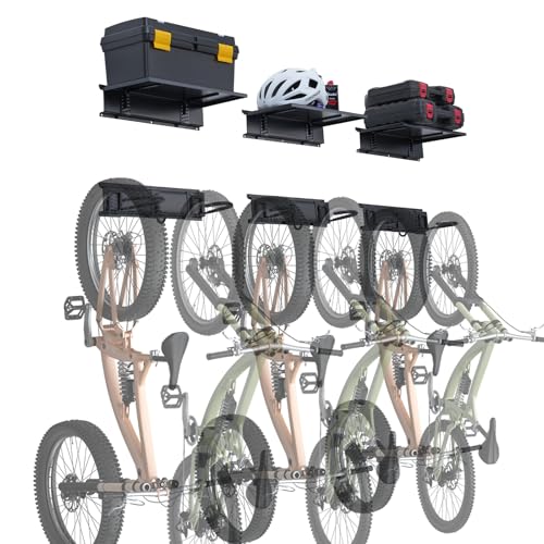VEVOR Bike Storage Rack, 6 Bike Racks and 3 Helmets Hooks, Wall Mount Bike Storage Hanger with 3 Shelves, Home & Garage Organizer, Customizable for Various Bike Sizes, Holds Up to 300 lbs, 48-inch