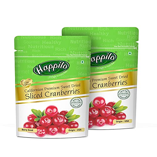Image of Happilo Premium Californian Sliced Cranberries Dried & Sweet, Healthy Snacks, Dry Fruits, High Antioxidant & Berry Good for Skin Health, 400 g, Pack of 2