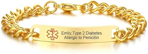 Miniatura 30 de VNOX Pulsera de identificación de alerta médica, pulsera de emergencia de acero inoxidable para hombre y mujer, 7.2/8/8.4 pulgadas *personaliza tu