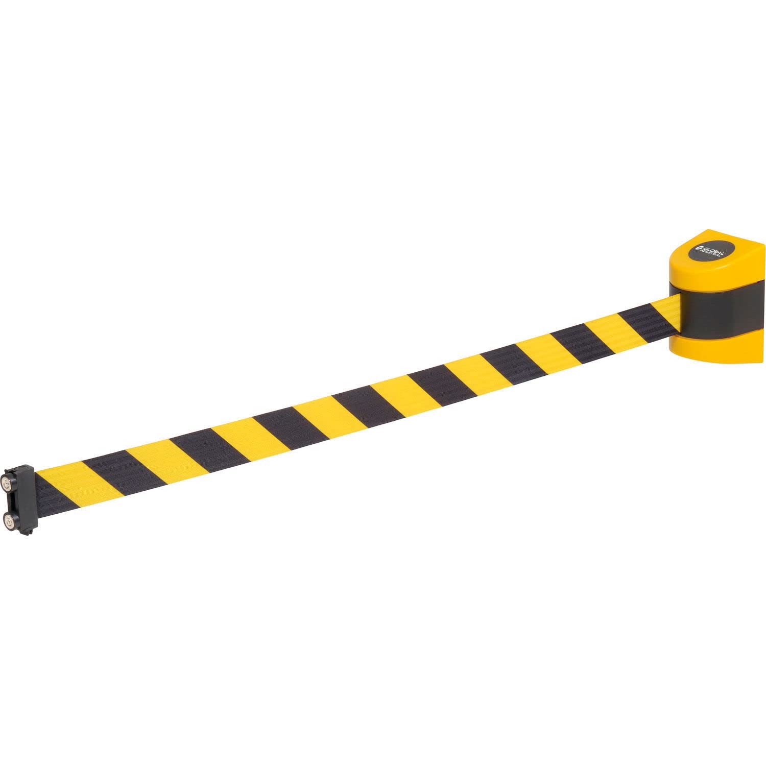 Global Industrial Magnetic Retractable Belt Barrier, Yellow ABS Plastic Case with a 15'L x 2"W Self-Retracting Black and Yellow Nylon Belt, Crowd