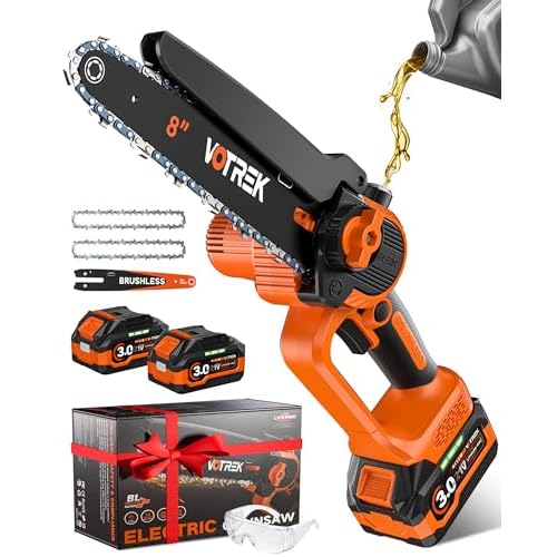 8 inch Mini Chainsaw Cordless with 2x3.0AH Batteries - Powerful Brushless Electric Handheld Small Chain Saw for Wood Cutting, Tree Trimming & Branch Cutting, Auto Oiler & Tool-Free Tensioner