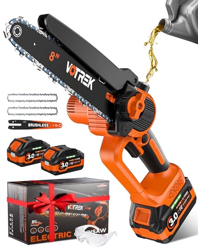 VOTREK® 8-Inch Mini Chainsaw Cordless, 2 x 3.0Ah Batteries, Electric Chain Saw with 2 Chains, Brushless Motor, Auto Oiler, Tool-Free Tensioner for Tree Trimming and Yard Cleanup