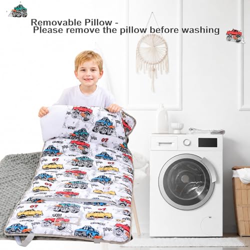 Image of Viviland Toddler Nap Mat with Pillow and Minky Blanket,Rolled Large Sleeping Mat for Boys, Kids Slumber Bag Nap Mat for Preschool, Daycare, Kindergarten, Travel Camping - Monster Truck