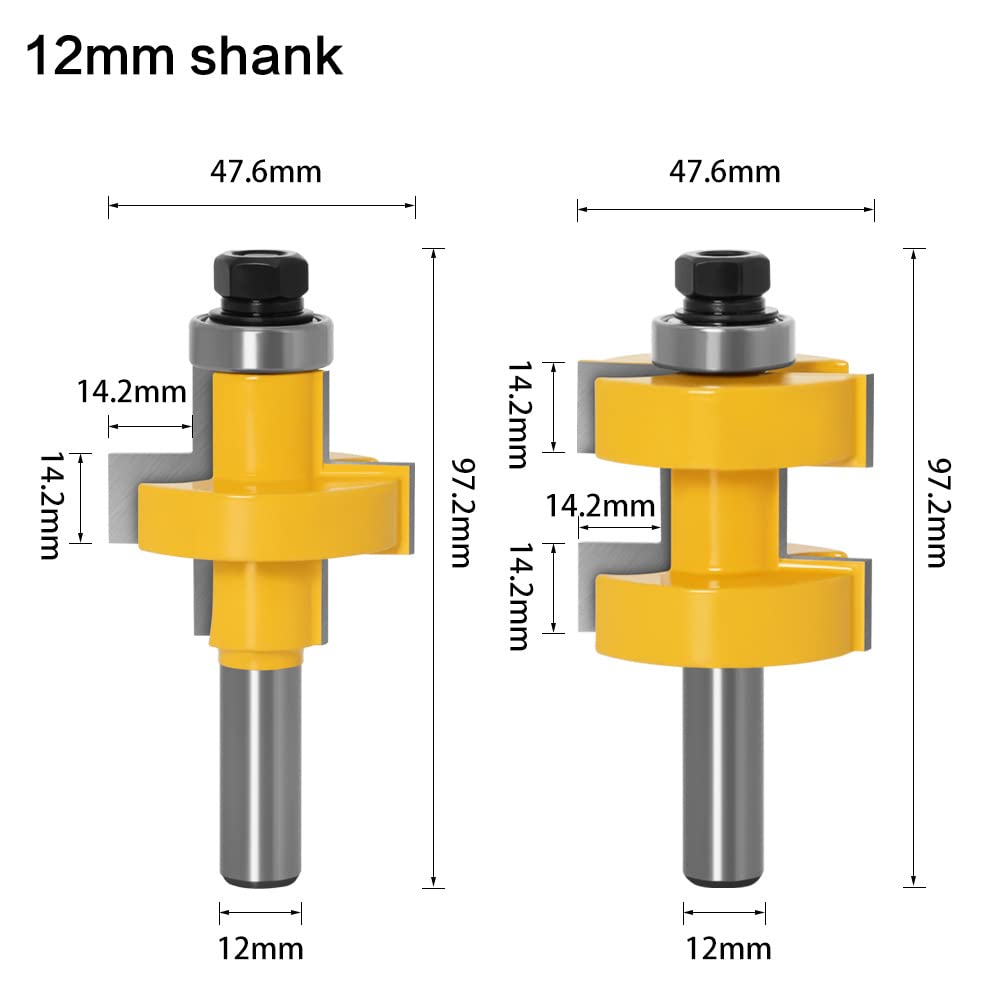 2PCs 1/2" 12,7 MM 12 MM 8 MM Schaftfräser Holzschnitzerei Große Nut & Feder Joint Assembly Router Bit Set 42mm Lager(01)