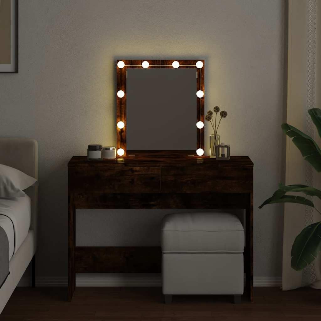 Schminktisch mit LED Beleuchtung Räuchereiche Holzwerkstoff 100x40x130 cm mit Spiegel und 2 Schubladen für Schlafzimmer Jugendzimmer mit Stauraum und USB Anschluss für Makeup Styling