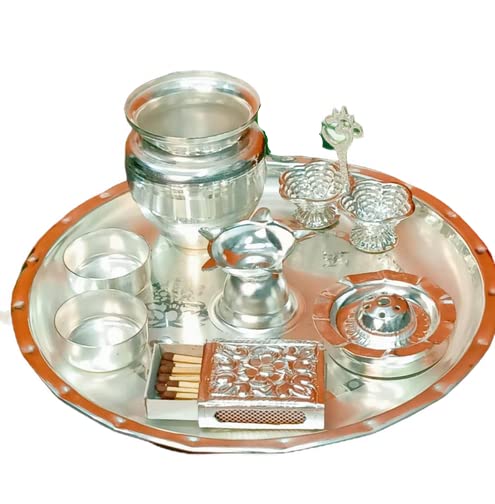 Juego de platos tallados Pooja Thali artesanales de diseño exclusivo en plata de Alemania