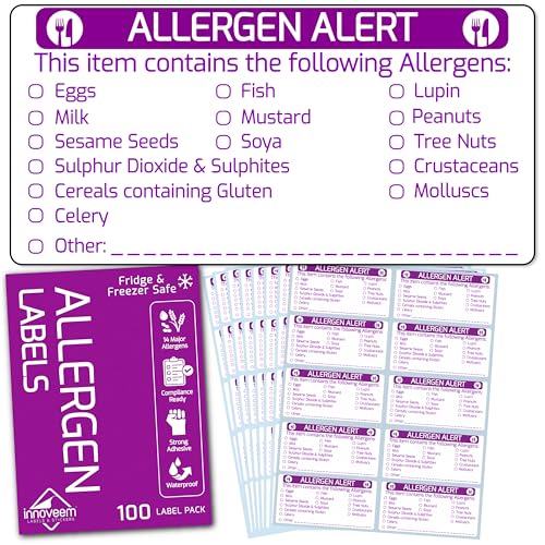 Innoveem Allergen Labels 100 Food Allergy Stickers 55 x 27.5mm Freezer Safe