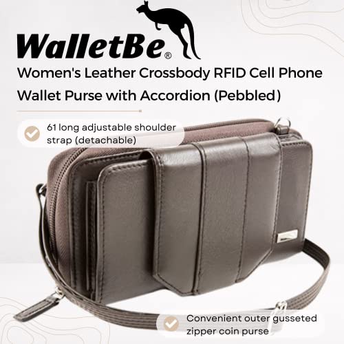 Women's Wallet RFID Cell Phone Purse Leather Crossbody with Accordion Pebbled Mocha Brown2