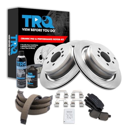 Image of TRQ Rear Brake Pad & Rotor Kit, with Chemical Kit Parking Brake Shoe Set Ceramic Compatible with 2006-2009 Land Rover Range Rover