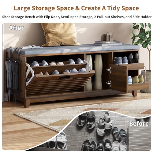Gyfimoie 2-Tier Shoe Storage Bench,47\" Entryway Bench with 2 Flip Drawers & Padded Seat Cushion, Walnut Shoe Bench with Adjustable Shelves & Sliding Doors,Storage Bench for Entryway,Hallway,Bedroom