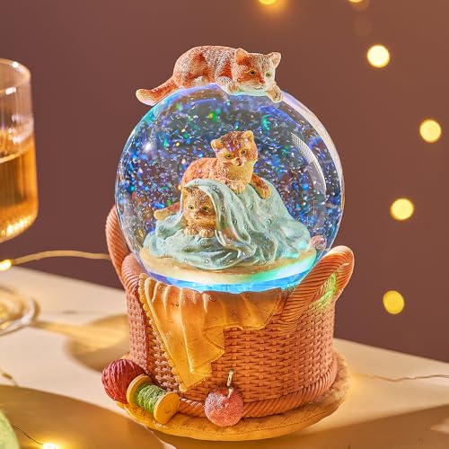 LOVE FOR YOU Gift Wrapped Music Box Cat Lovers Flower Basket Musical Snow Globe Decoration for Girls and Women Kids Niece Sister Daughter Mom Granddaughter Grandma Christmas Birthday Present