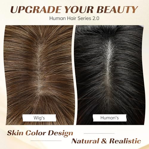 Image of KKU 16 Inch Brown Mixed Blonde Human Hair Wigs for Women, Straight Human Hair Wig with Bangs,Remy Human Hair Wigs,Daily Wig