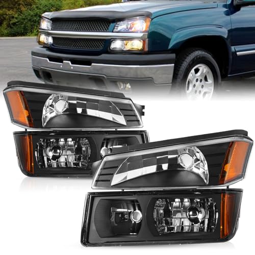 TUSDAR 4PCS Fits For 2002-2006 Chevy Avalanche with Body Cladding Pickup Bumper Lights Halogen Headlights Replacement Factory Headlamp Front Lamps LH+RH Black Housing