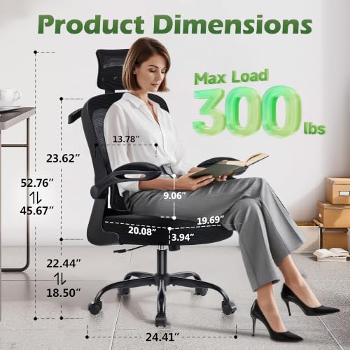 Image of AreShark Office Chair Ergonomic Desk Chairs with Adjustable Lumbar Support& Headrest Hanger, High Back Breathable Mesh Chair with Wheels, Rolling Swivel Comfy Task Computer Chair for Home Work Gaming