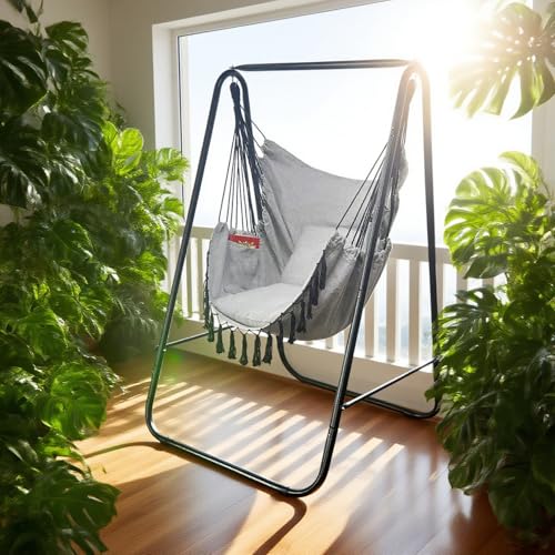 PIRNY Hammock Chair with Stand,Heavy-Duty Hammock Stand with Large Indoor Swing,MAX Load 500 LBS,Hanging Chair with Stand for Indoor Outdoor,Swing Chair with 2 Cushions Included(Grey) by PIRNY - Image 5