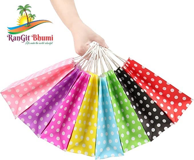 Image of RanGit Bhumi 24 pcs Color Paper Bags with Polka Dots - Party Favor Goodie Candy Gift Kraft Paper Bags with Handles for birthday, wedding, engagement party and other festivals (9 inchx4 inchx11.3 inch, Blue)