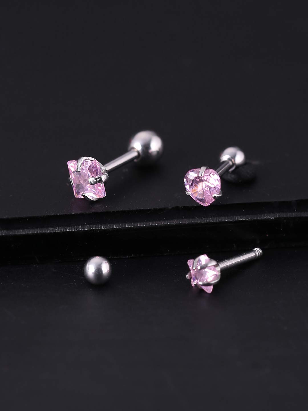 3 Pcs Silver CZ Stainless Steel Crystal Stud Earrings