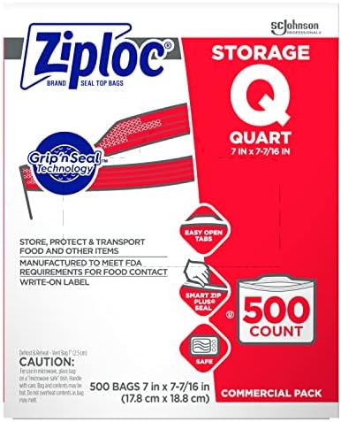 SC Johnson Professional Ziploc Quart Food Storage Bags, Grip 'n Seal Technology for Easier Grip, Open, and Close, 500 Count, Medium