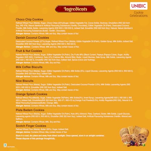 Image of Unibic Celebrations Cookies Gift Pack 700 Grams, Choco Chip, Choco Nut, Scotch Finger, Pista Badam, Honey Oatmeal, Milk Coffee, Nice and Double Chocolate Chip Cookies