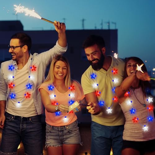 Image of 4th of July Accessories, 2Pcs Independence Day LED Holiday Light Up Stars Necklace, Red Blue White Flashing Necklace for 4th of July Parades Patriotic Celebration Themed Firework Party Memorial Day