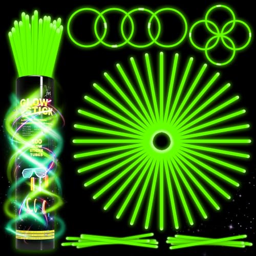 100 Pk Green Glow Sticks Bulk, 8 in Glow Necklaces