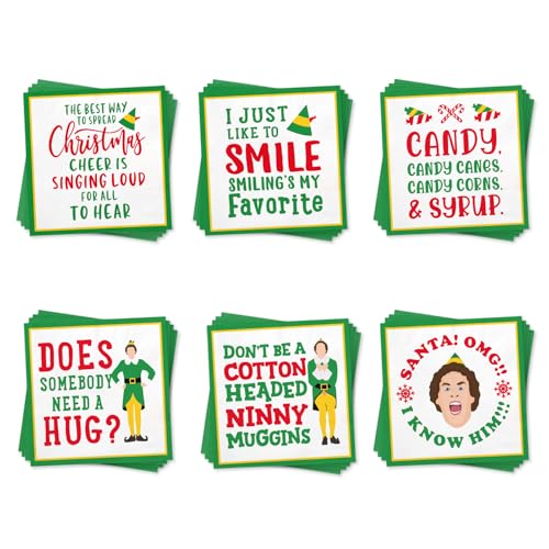Buddy The Elf Christmas Cocktail Napkins, 120 Pack Holiday Beverage Paper Napkins, Funny Elf Christmas Party Supplies, Holiday Dinnerware Table Decorations, White Elephant Gifts, 3-Ply, 5x5 inch