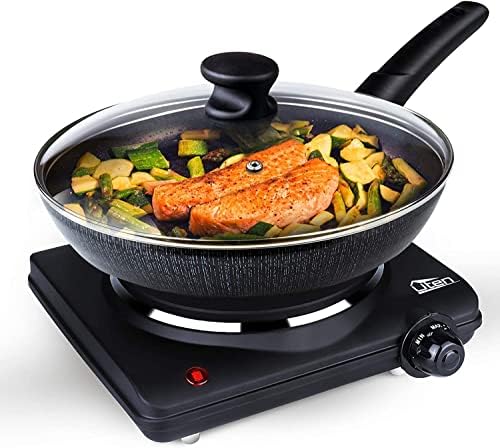 Uten Stainless Steel Single Hotplate, Electric Hotplate, 1250-1500W , 5 Power Levels Mobile Hotplate for Travel and Camping, Continuously Adjustable Thermostats, Overheating Protection, Cast Iron