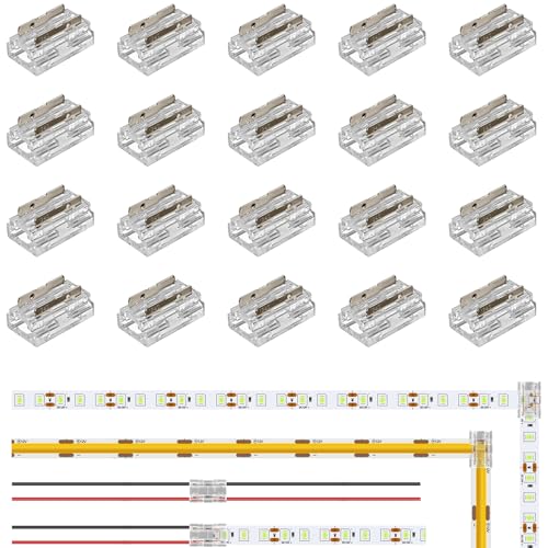 Aroidful 20PCS 8-in-1 2 Pin 10mm LED Strip Light Connectors, COB Light Connector Gapless Solderless Connection for 0-36V COB/SMD 2835/3528 Single Color LED Strip and 20-22AWG Wire [Energy Class A]
