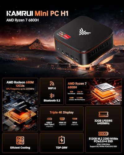 Image of KAMRUI Hyper H1 Mini Gaming PC, AMD Ryzen 7 6800H, 32GB LPDDR5 6400MHz 512GB M.2 NVMe PCIe3.0x4 SSD Mini PC(8C /16T,up to 4.7GHz), 16MB L3 Smart Cache, Triple 4K Display /WiFi6 /BT5.2 /Mini Desktop pc
