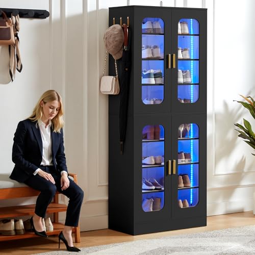 Cyclysio Tall LED Shoe Cabinet - 8 Adjustable Shelves, 330lb Heavy-Duty Storage with Smart Lighting & Safety Design for Entryway, Living Room, Bedroom (1, Black)