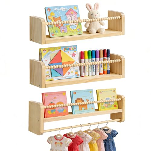 SGZIOO Set of 3 Nursery Shelves 40cm Nursery Book Shelf Floating Book Shelves Wall Bookshelf with Hanging Rail Kids shelves for Childrens Room Bedroom Playroom Decor