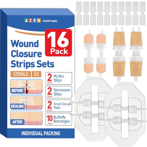 AZEN 16 Pack Wound Closure Strips 4 Types Butterfly Bandages Emergency Laceration Closure Kit Repair Wounds Without Stitches Quick Clot Zip Stitch Wound Closures Device