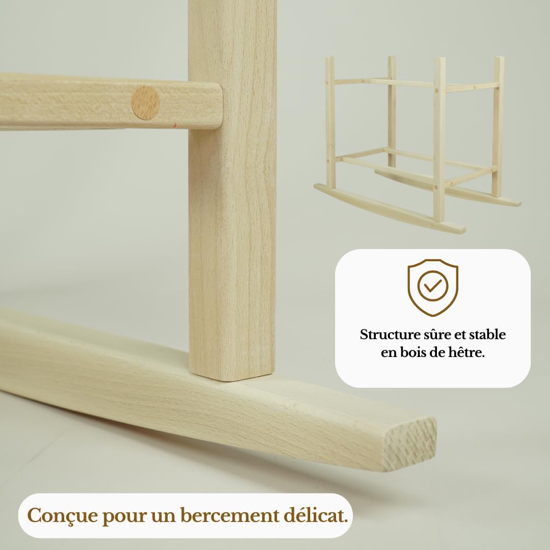 Wiklinopol Couffin Bébé OLIWIA II – Berceau en Osier avec Support en Bois – Ensemble Complet avec Matelas & Linge en Mousseline Beige, Respirant, Lavable & hypoallergénique