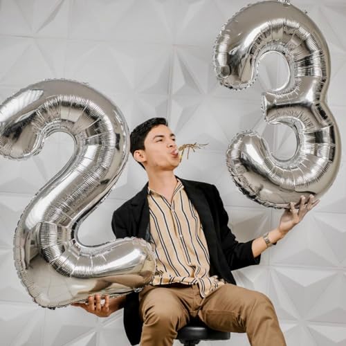 Image of Silver 2 Balloon, Number Balloons 40 Inch, 2nd Balloon Number Birthday Decorations, Two Second Birthday Party Supplies, Number 2 Balloon