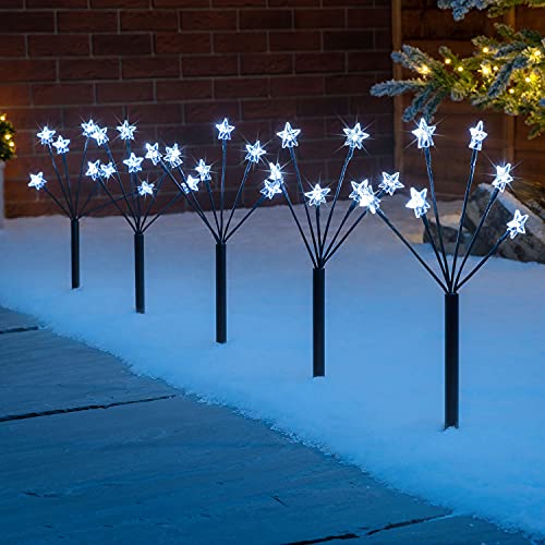 Christow Star Branch Path Lights, Outdoor Christmas Stake Pathway Decorations, White LED, Battery Operated with Timer (Set of 5 x 45cm)