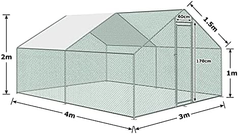 LZQ Chicken Coop Chicken Run with Lock 3 x 4 x 2 m Galvanised Steel Small Animal Hutch Outdoor Enclosure Chicken House Roof Poultry Hutch for Chicken Cage Bird Cage Small Animals Pet Cage Outdoor