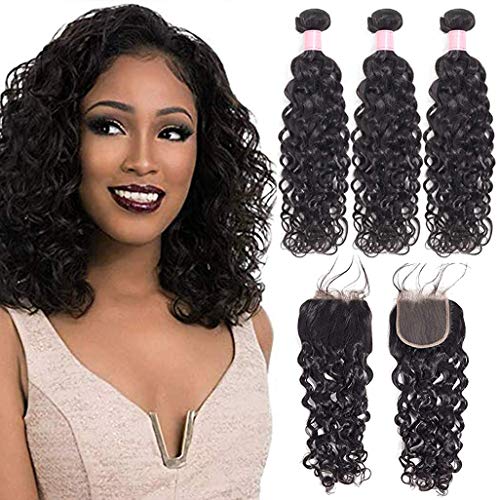 Water Wave Brazilian Bundles With Closure Brazilian Human Hair Virgin Curly Hair 9A Unprocessed Virgin Human Hair Weft Extensions Natural Color 10 12 14+10 Inch