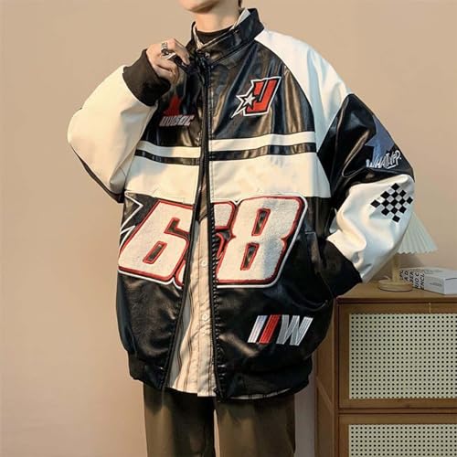 POHADON Mens Varsity Jacket PU Leather Vintage Racing Motor Biker Graphic Bomber Jackets Oversized Unisex Y2k Streetwear3