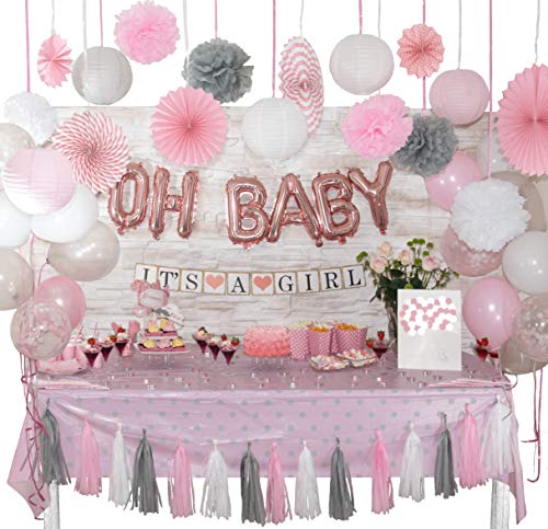 +100 Pcs Baby Shower Decorations for Girl | White, Coral Pink and Gray Theme | Balloons | Banner | Pom Poms | Lantern | Tassel Garland | Fan | Sash Badge | Tablecloth | Photo Booth Props | Guest Book