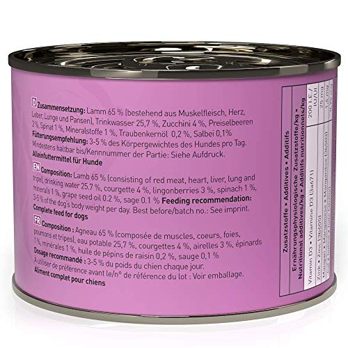 dogz finefood Hundefutter nass - N° 10 Lamm - Feinkost Nassfutter für Hunde & Welpen - getreidefrei & zuckerfrei - hoher Fleischanteil, 6 x 200 g Dose