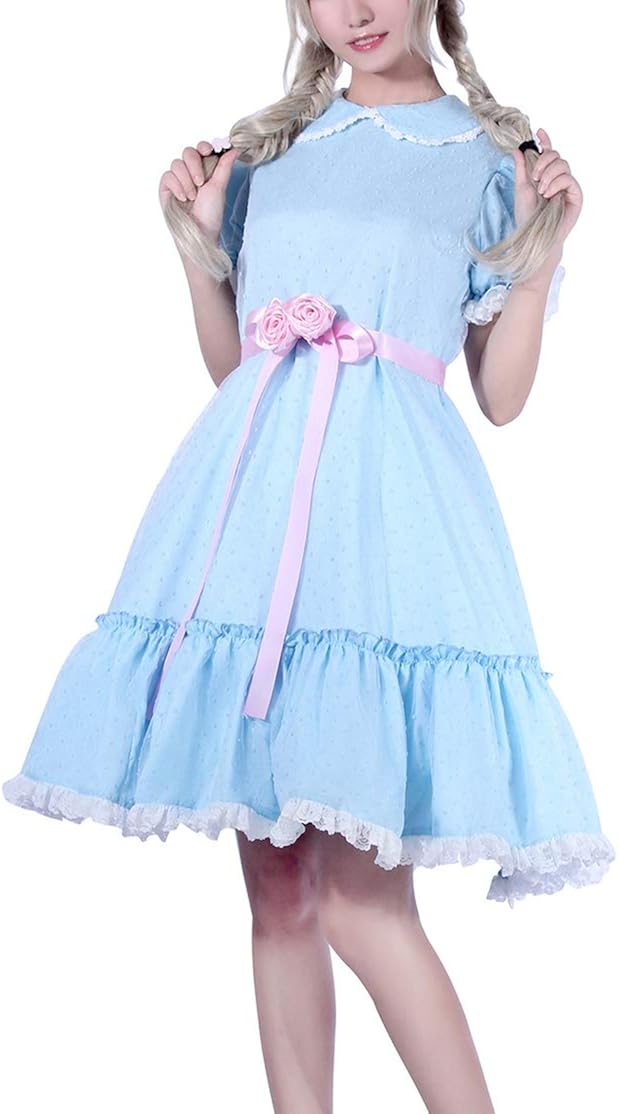 CR ROLECOS Women's Blue Chiffon Dress Puff Sleeves Halloween Party Cosplay Costume